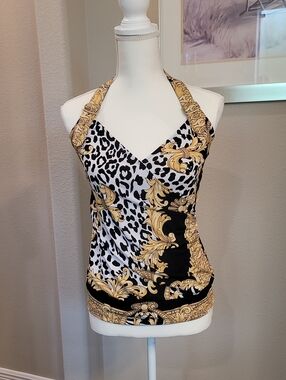 Cache Gold Baroque and Black & White Leopard Halter Camisole